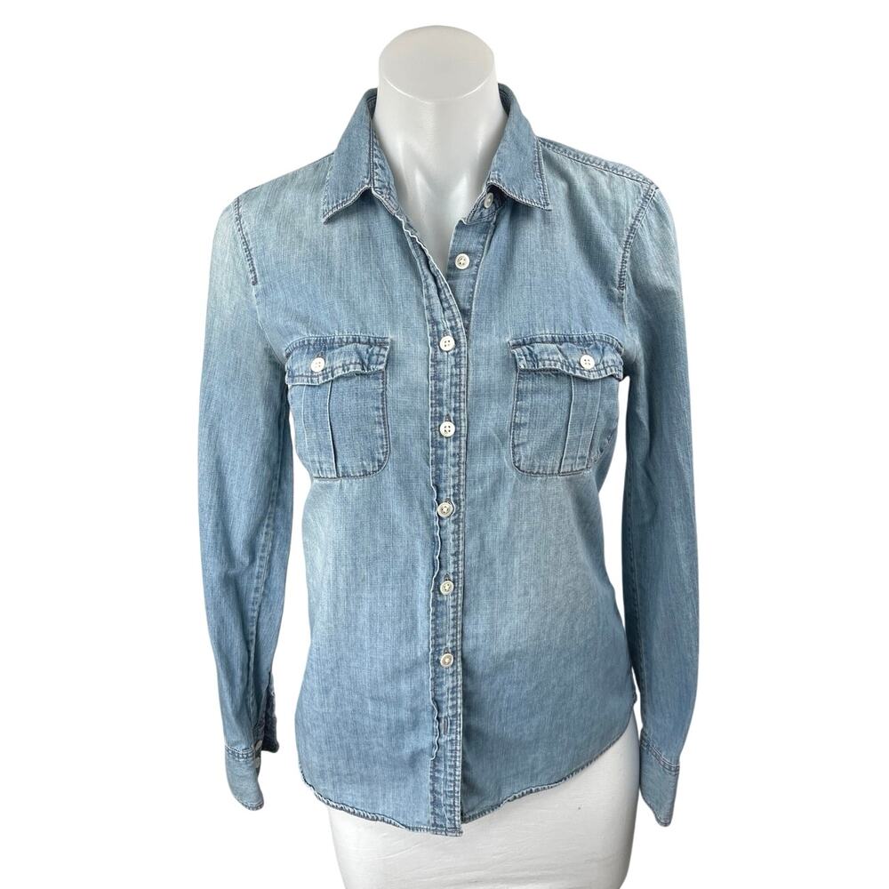 J.Crew Women's Blue Long Sleeve Pocket Button Down Denim Jean Shirt Top Size 0